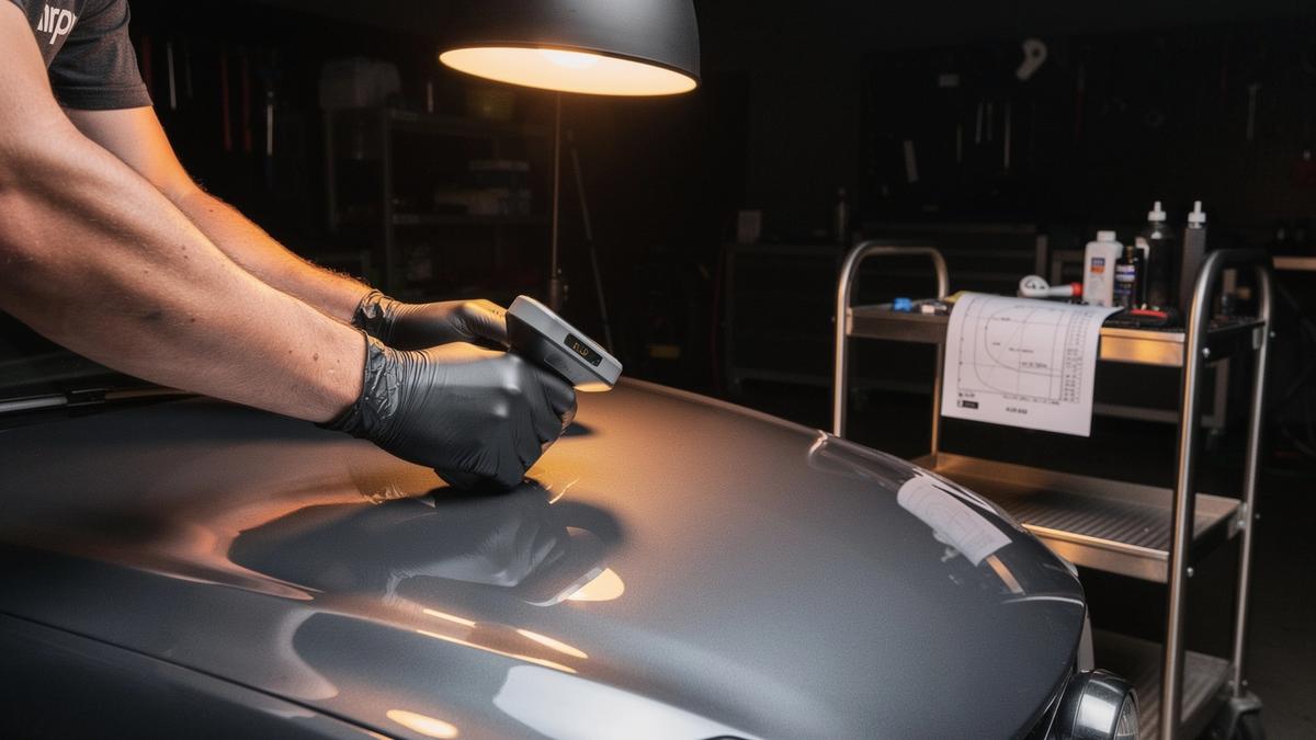 Technician taking gloss unit readings across a freshly coated dark bonnet in the studio