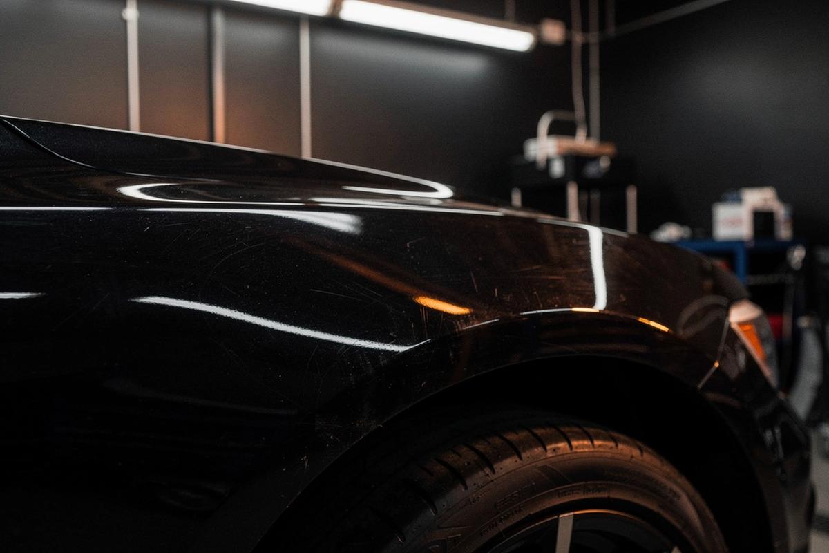 Polished black fender reflecting studio lights