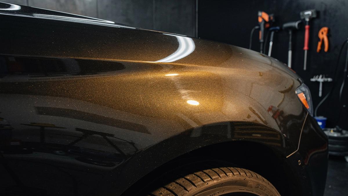 Paint protection film on a reflective automotive panel under studio lighting