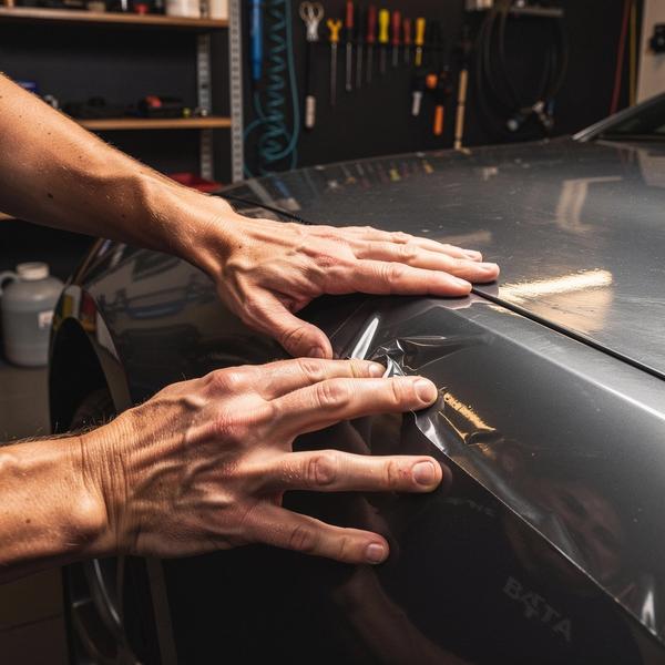 Technician inspecting paint protection film edges under focused light