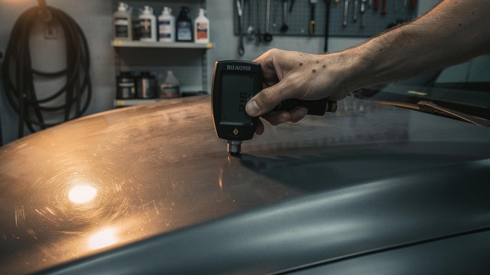 Paint depth gauge reading taken across a dark car hood in the studio