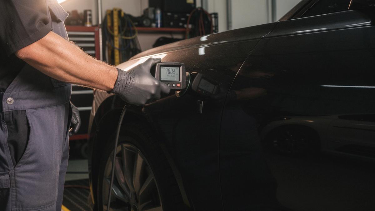 Technician taking a paint depth reading on a dark car panel with a gauge