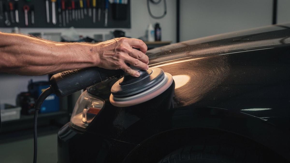 Technician machine-polishing the fender of a dark car under studio light