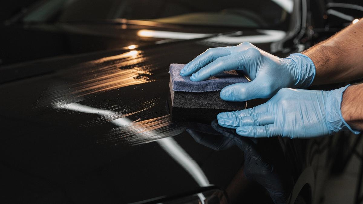 Applicator spreading a ceramic coating on a glossy black hood