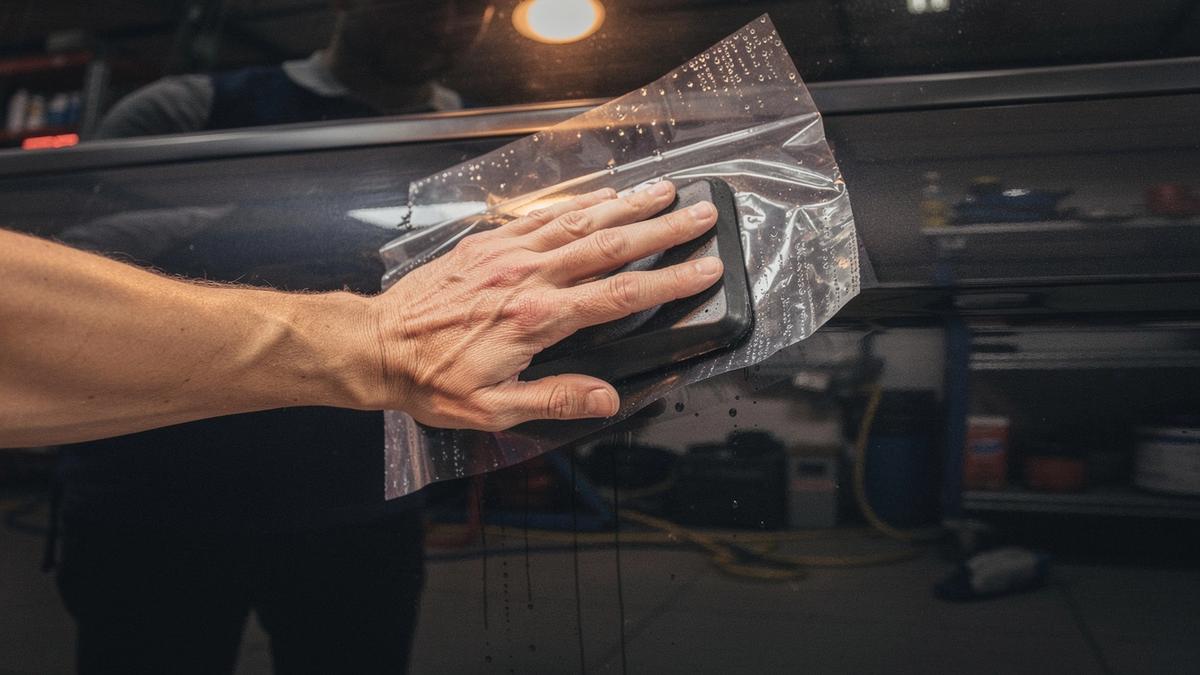 Installer squeegeeing paint protection film onto a car door panel