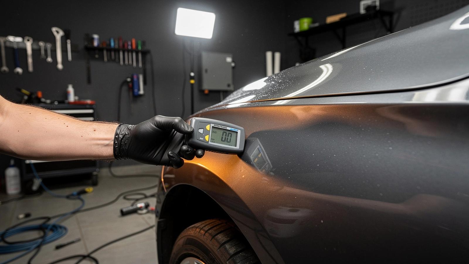 Technician measuring paint depth on a dark sedan fender with a digital gauge