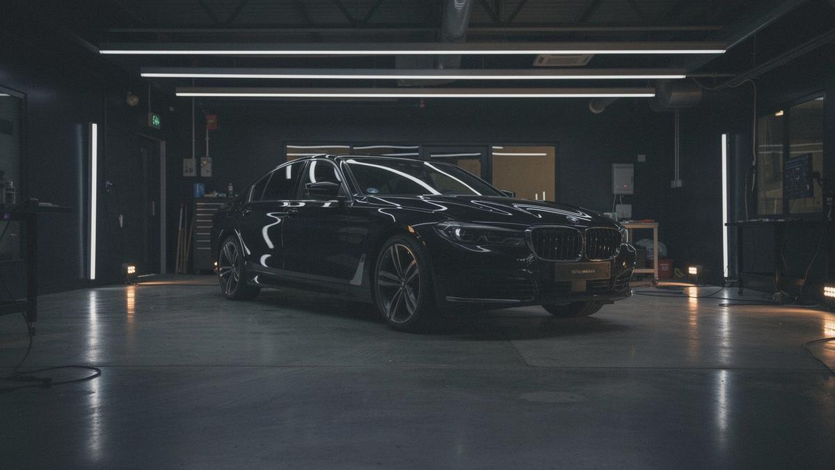 Detailing bay of the Kyiv studio with a car parked under inspection lighting